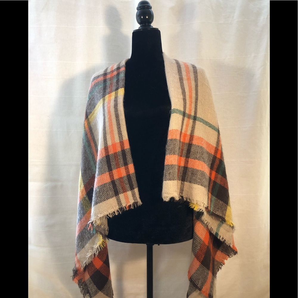 Plaid Blanket Winter Scarf - Cream/Orange/Brown